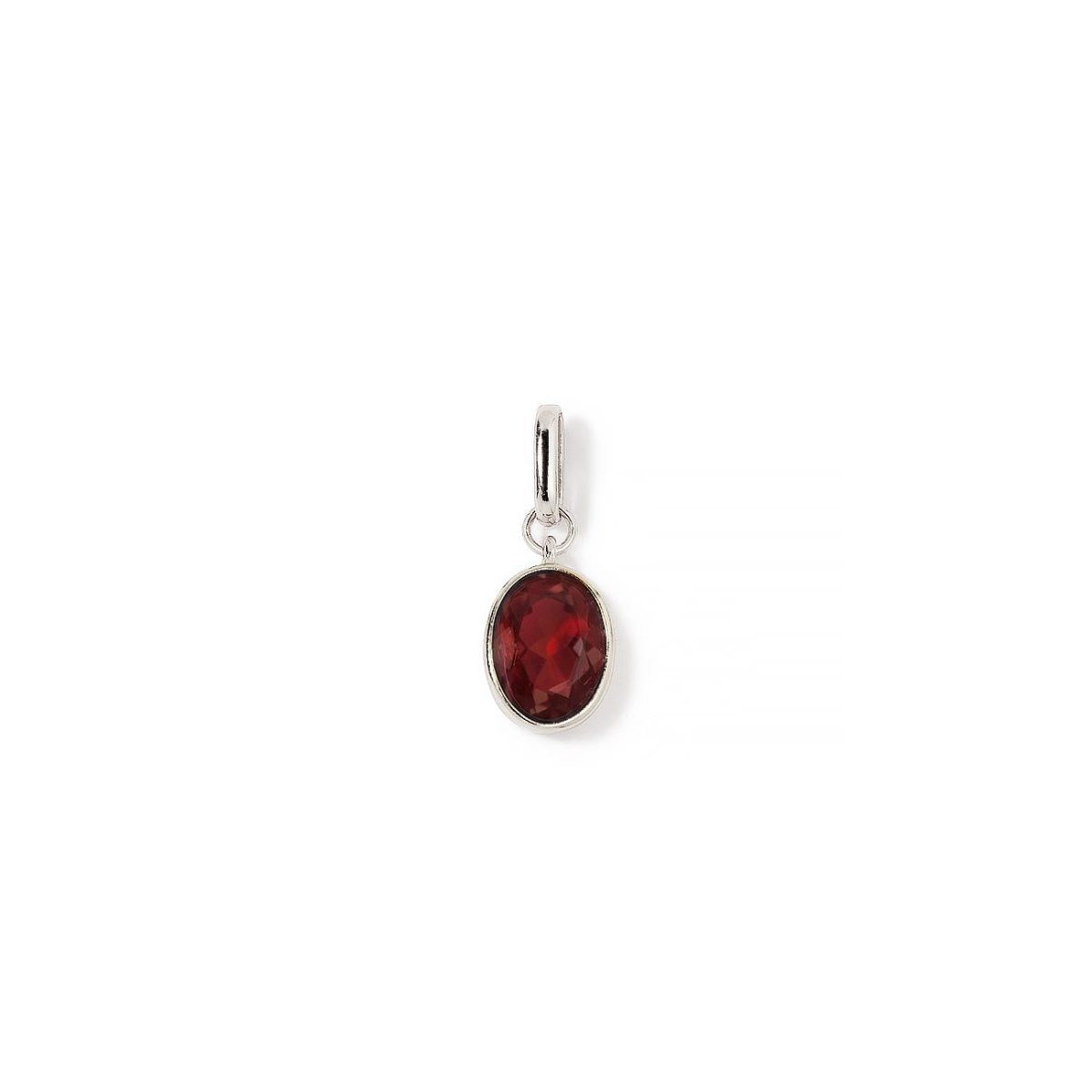 Sterling silver oval charm with a bezel-set deep-red garnet stone, on a white background