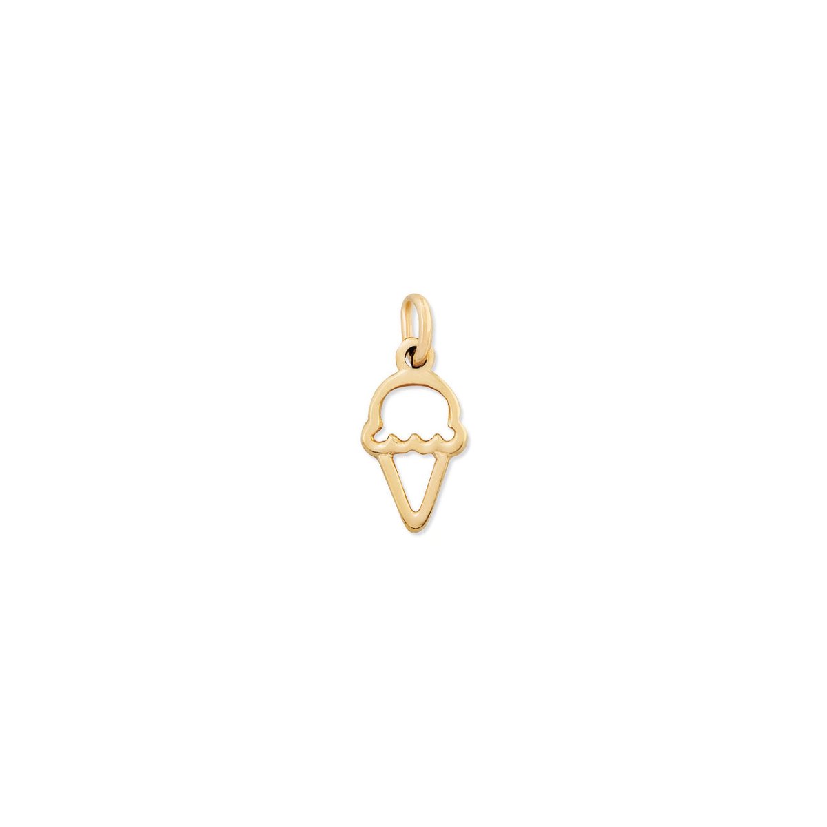 14K gold mini ice cream cone charm with an open outline design, on a white background