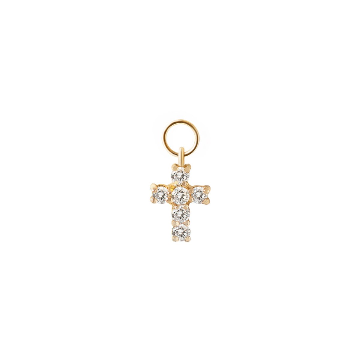 14K gold cross earring charm pavé-set with clear round crystals, on a white background
