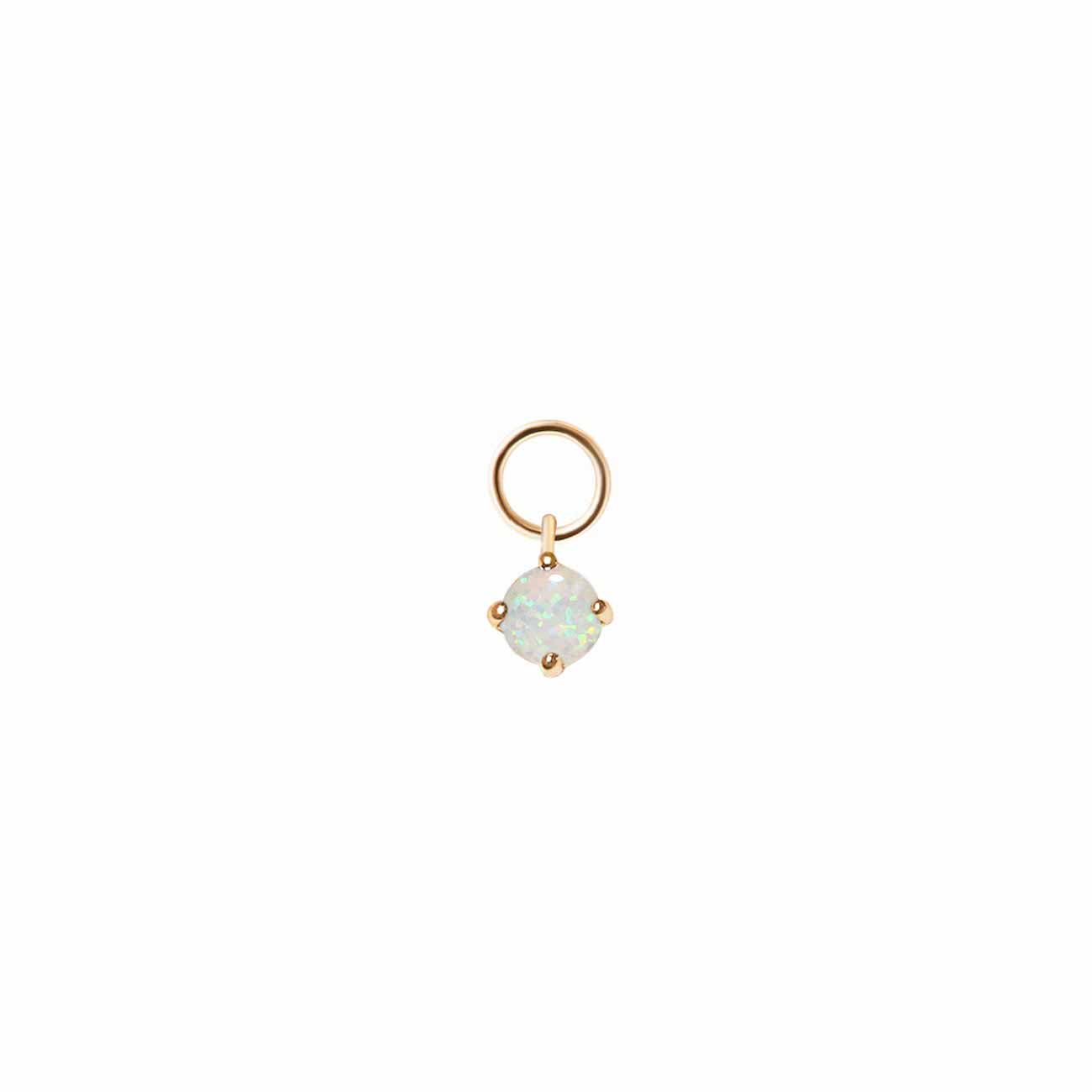 14K gold earring charm with a round white opal in a prong setting, on a white background