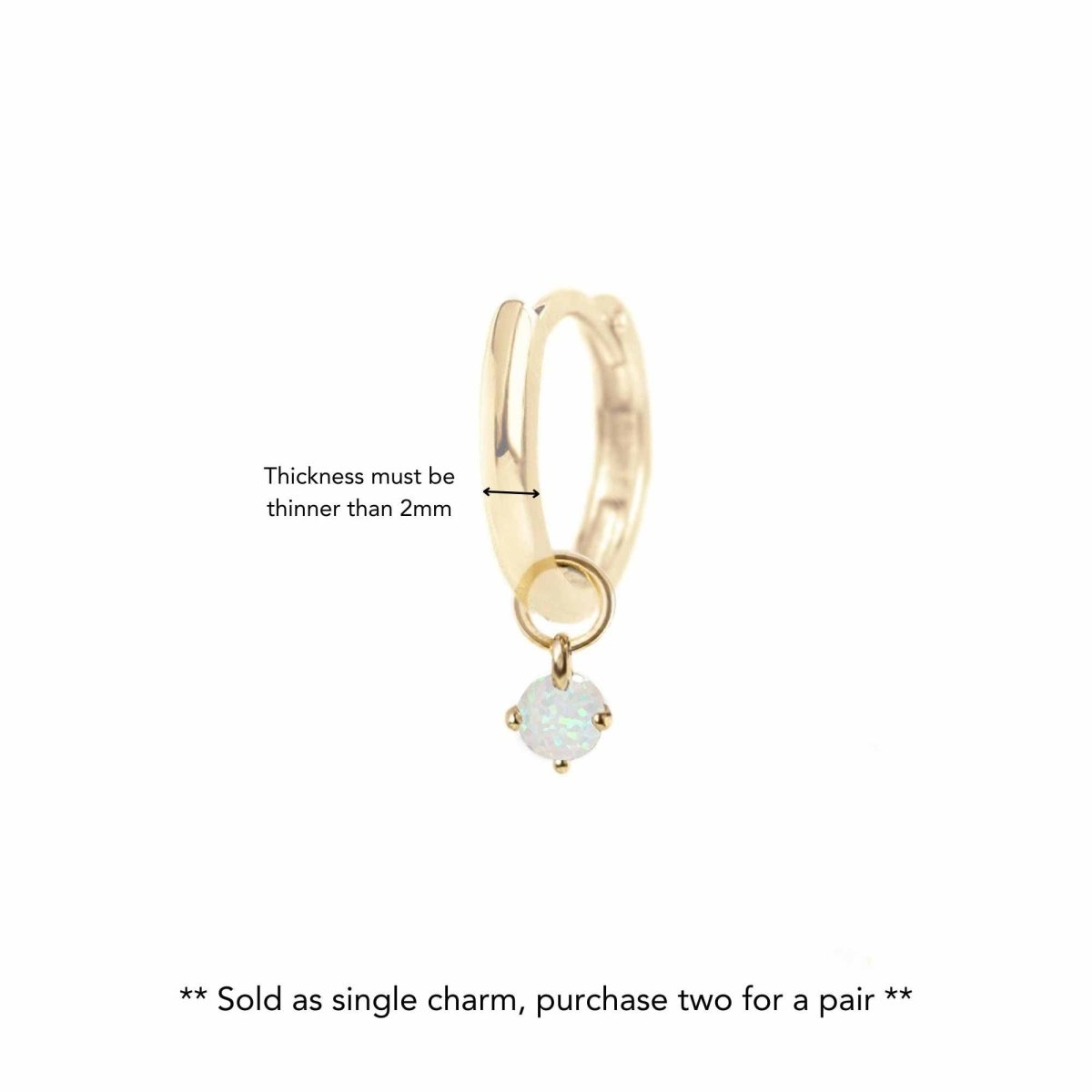 14K gold huggie hoop with a white opal charm, thickness guide noting hoops thinner than 2mm