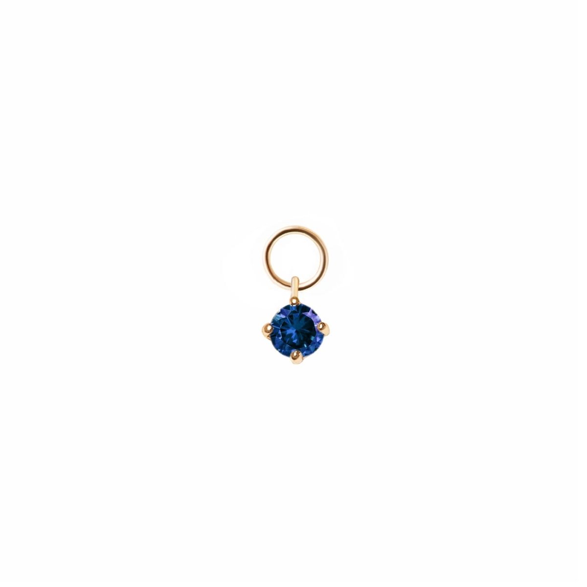 14K gold blue sapphire earring charm with a round blue stone, on a white background