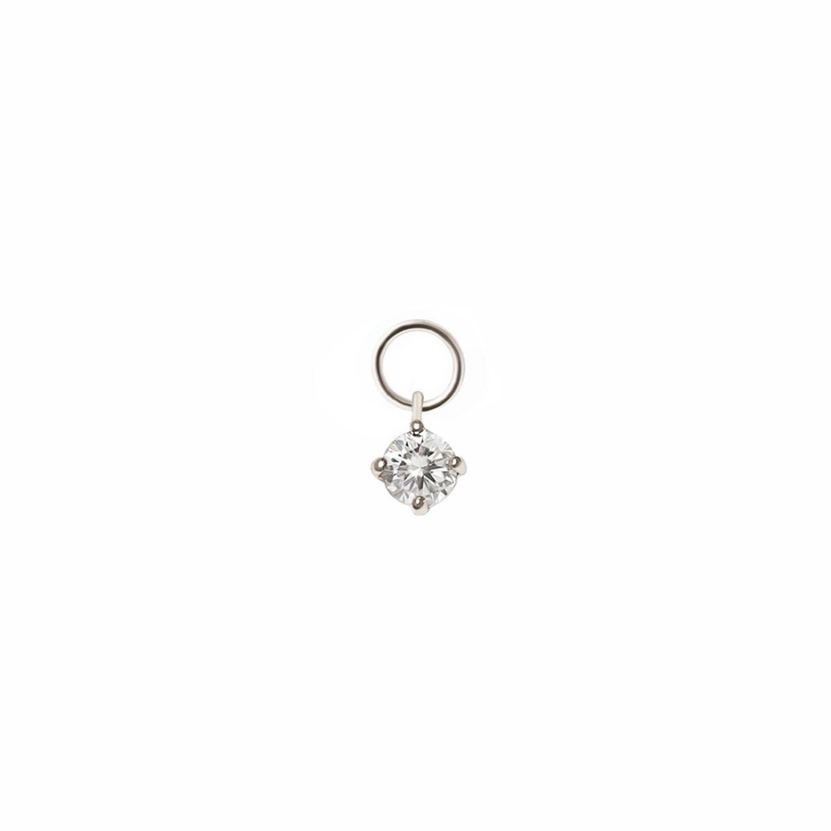 14K white gold earring charm with a round clear moissanite in a prong setting, on a white background