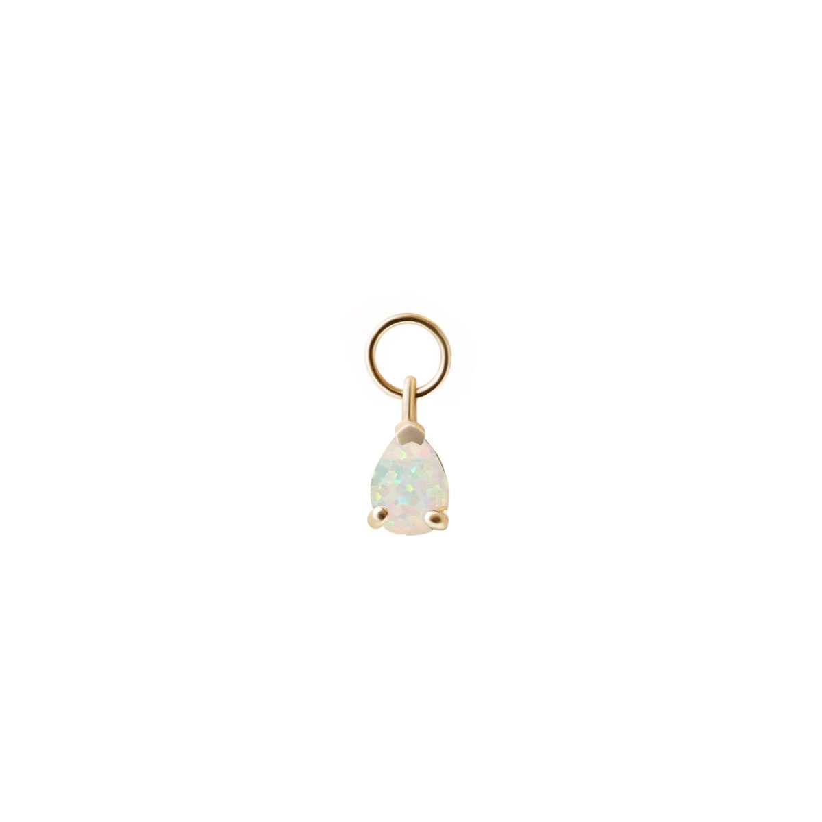 14K gold pear-shaped white opal earring charm with a hinged jump ring, on a white background