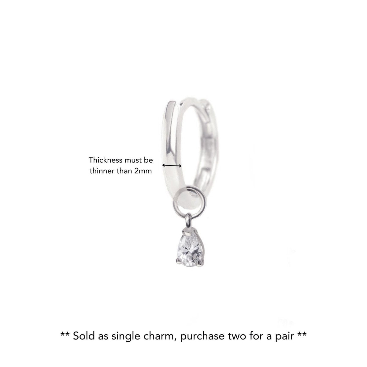 14K white gold huggie hoop charm with a pear-cut moissanite drop, on a white background with a sizing note
