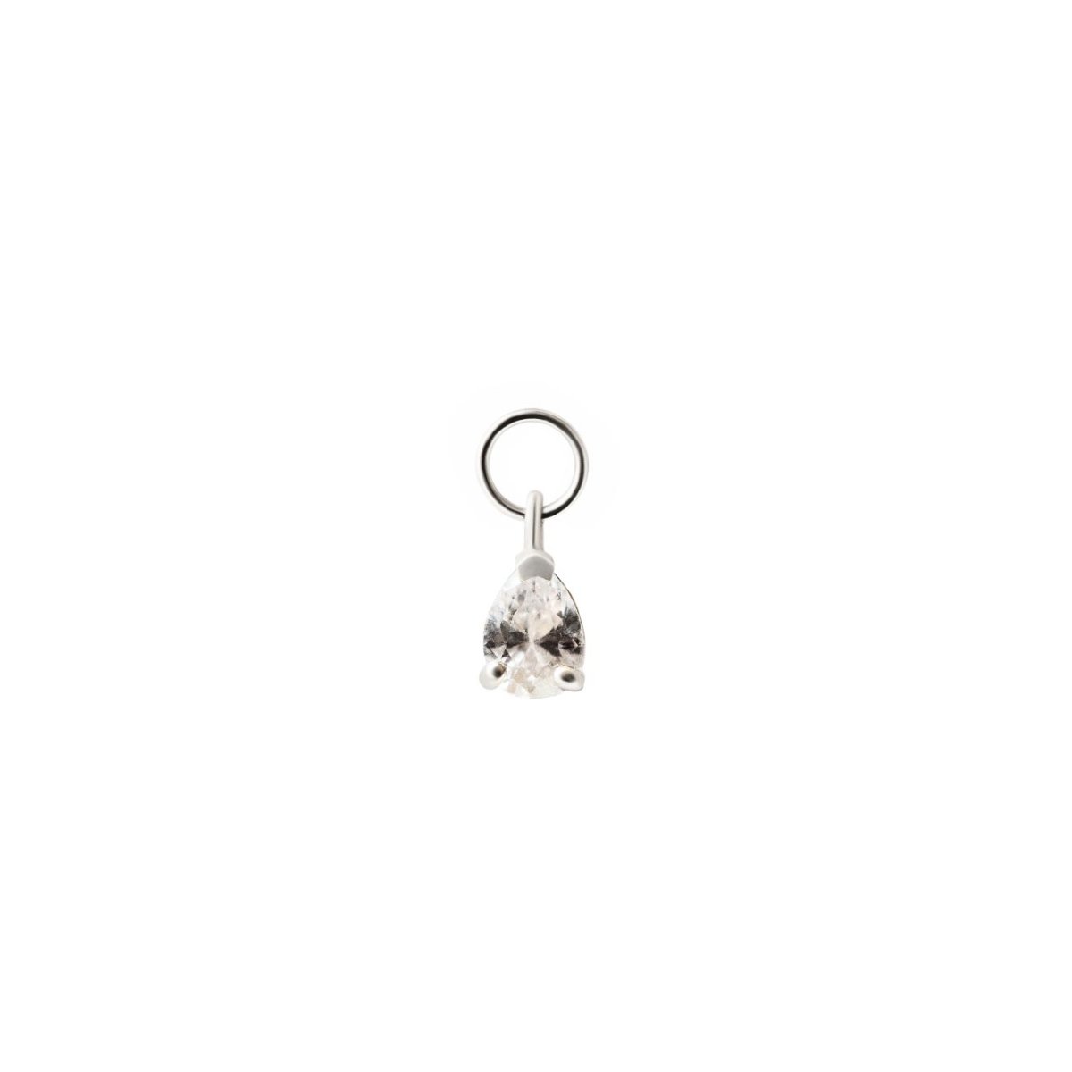 14K white gold pear-cut moissanite charm with a ring bail, on a white background