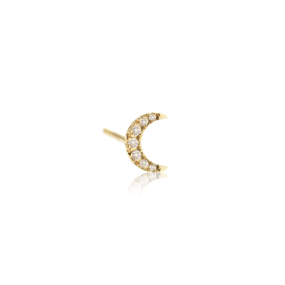 Single 14K gold crescent moon stud with pave diamonds, on a white background
