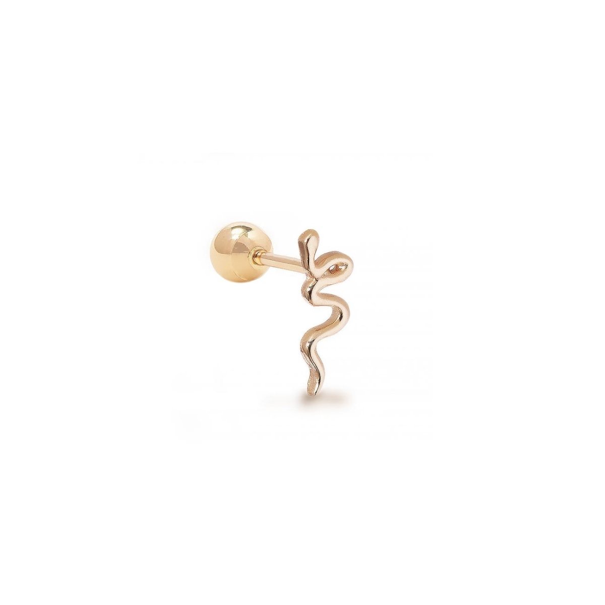 14K gold serpent single stud earring with a ball screw-back, on a white background