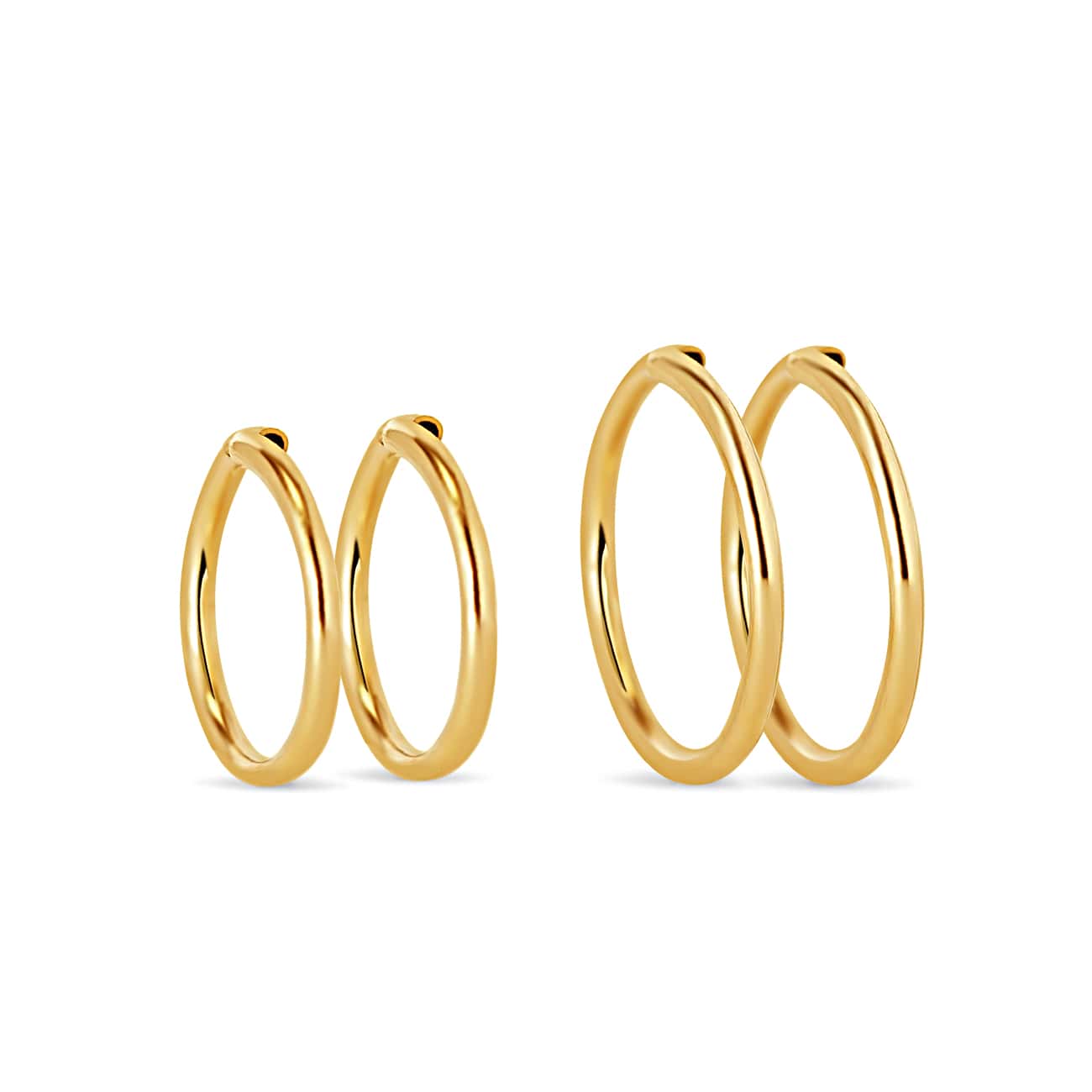 Gold-filled thin endless huggie hoops in two sizes, on a white background