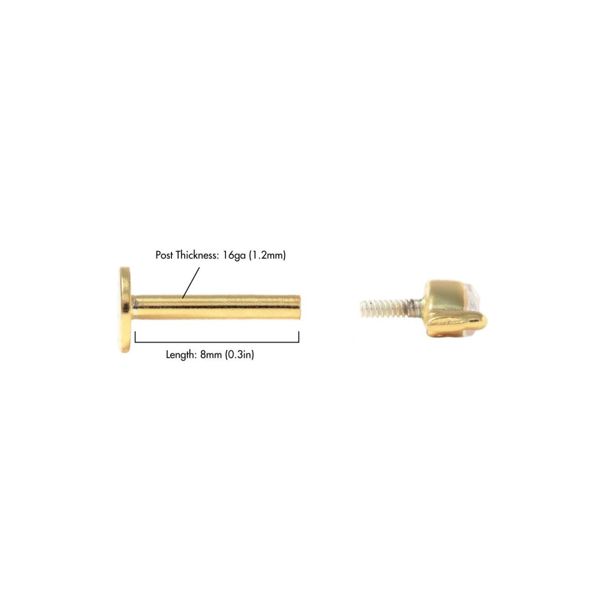 Gold vermeil flat back stud size guide, 16ga 1.2mm post and 8mm length, on a white background