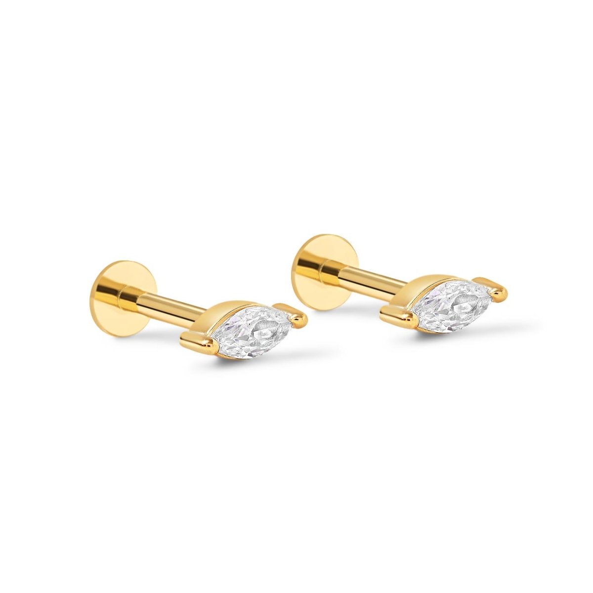 Gold vermeil marquise flat back stud earrings with clear stones and labret posts, on a white background