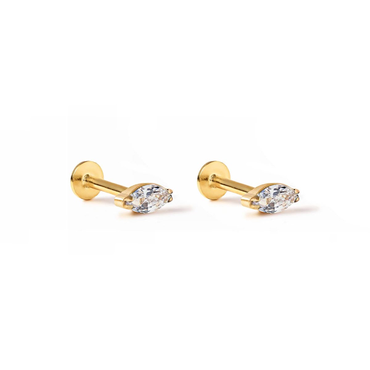 Pair of gold titanium marquise white zirconia flat back studs, on a white background