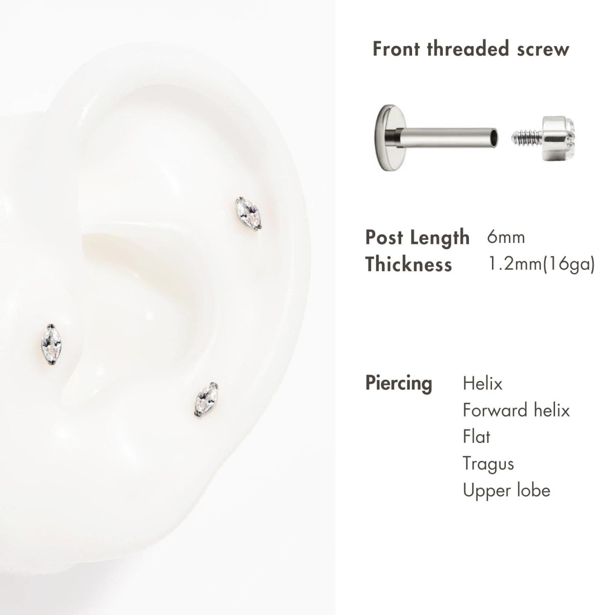 Titanium marquise white zirconia flat back stud shown on a silicone ear at helix, tragus and lobe