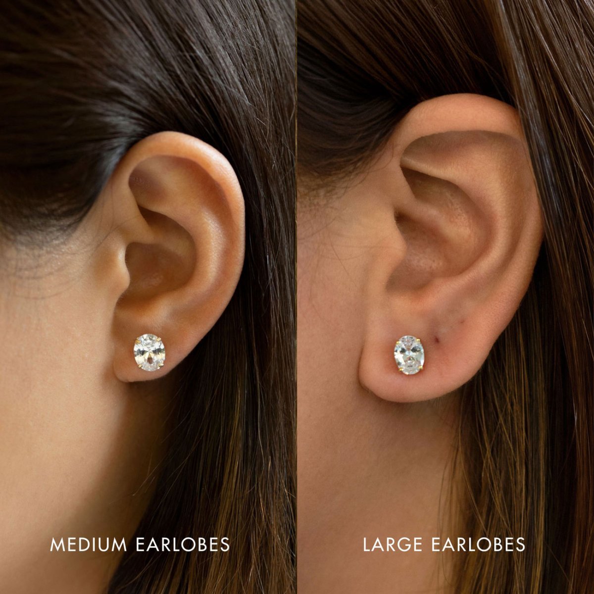 Rose gold vermeil oval white zirconia stud on a model's lobe, medium and large earlobe comparison