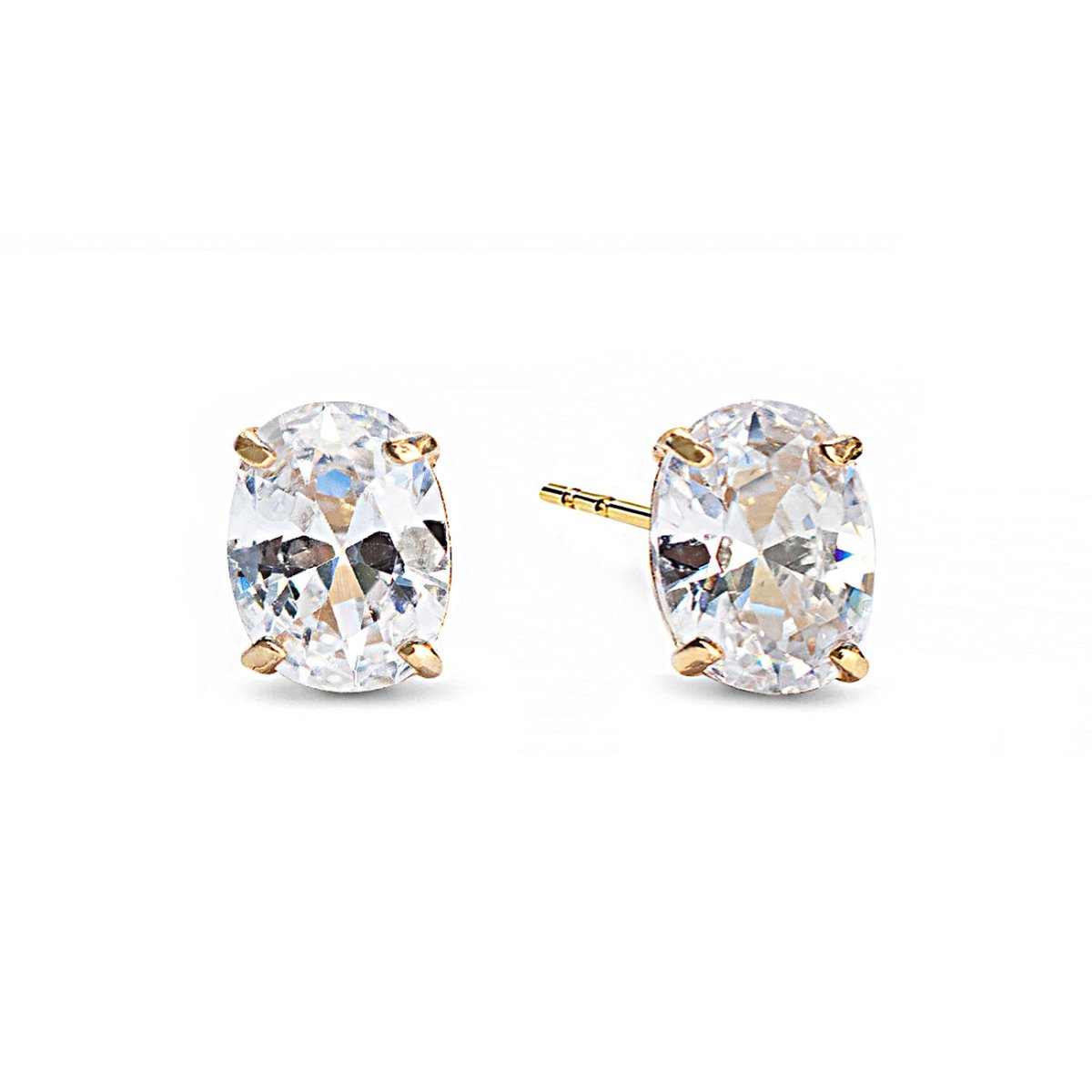 Gold vermeil oval zirconia stud earrings with clear prong-set stones, on a white background