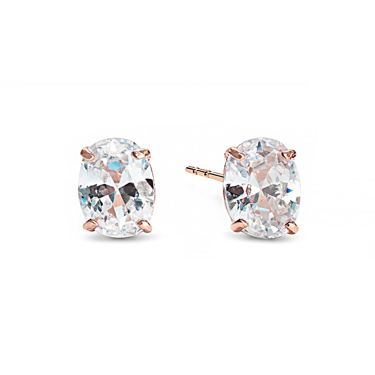 Rose gold vermeil oval studs with clear white zirconia stones, on a white background