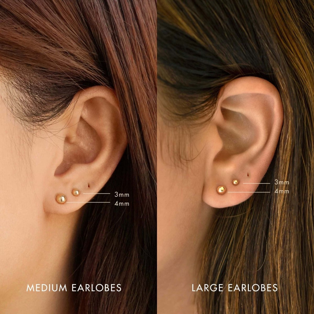 Gold-filled ball studs size guide on medium and large earlobes, 3mm and 4mm placements