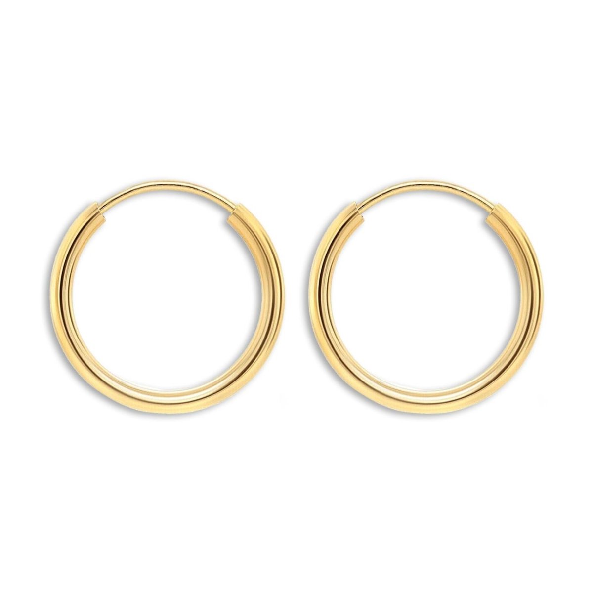 Gold-filled thin endless huggie hoops, one pair, on a white background