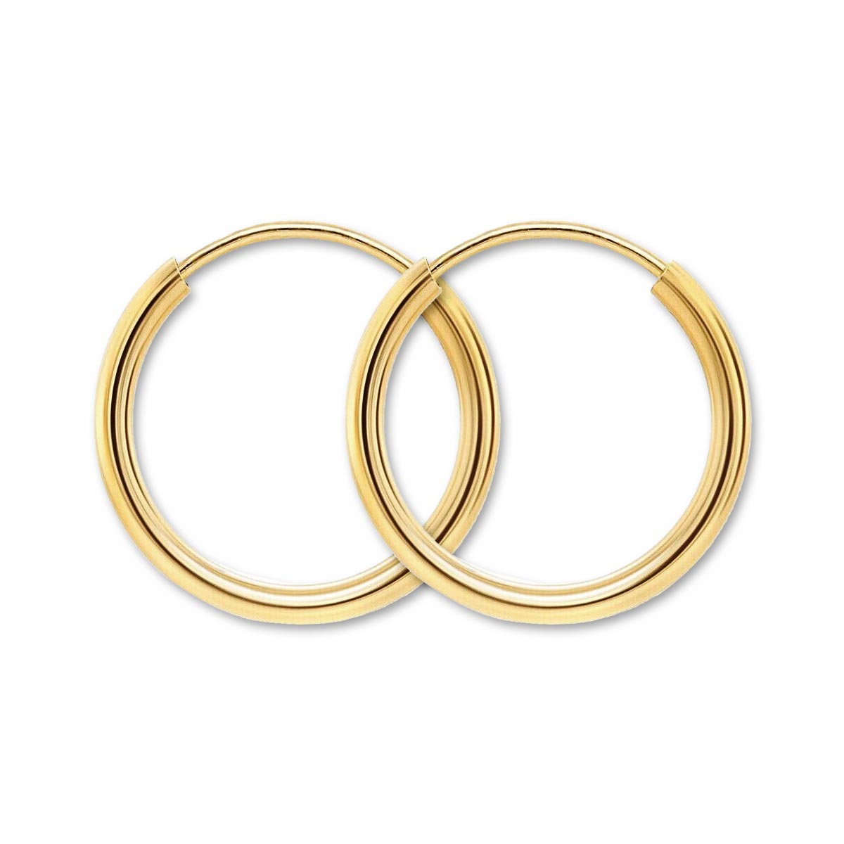 Pair of 14K gold thin small hoop earrings with seamless closures, on a white background