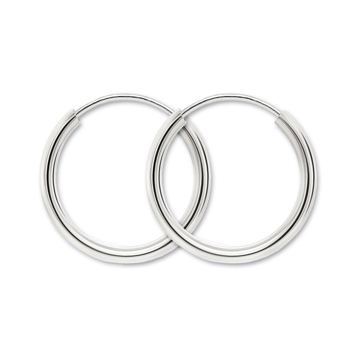Pair of 14K white gold thin small hoop earrings with seamless closures, on a white background