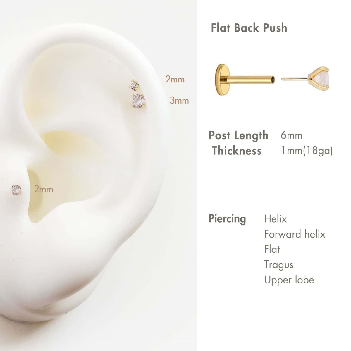 Gold titanium flat back stud size guide, clear zirconia studs at 2mm and 3mm on a silicone ear