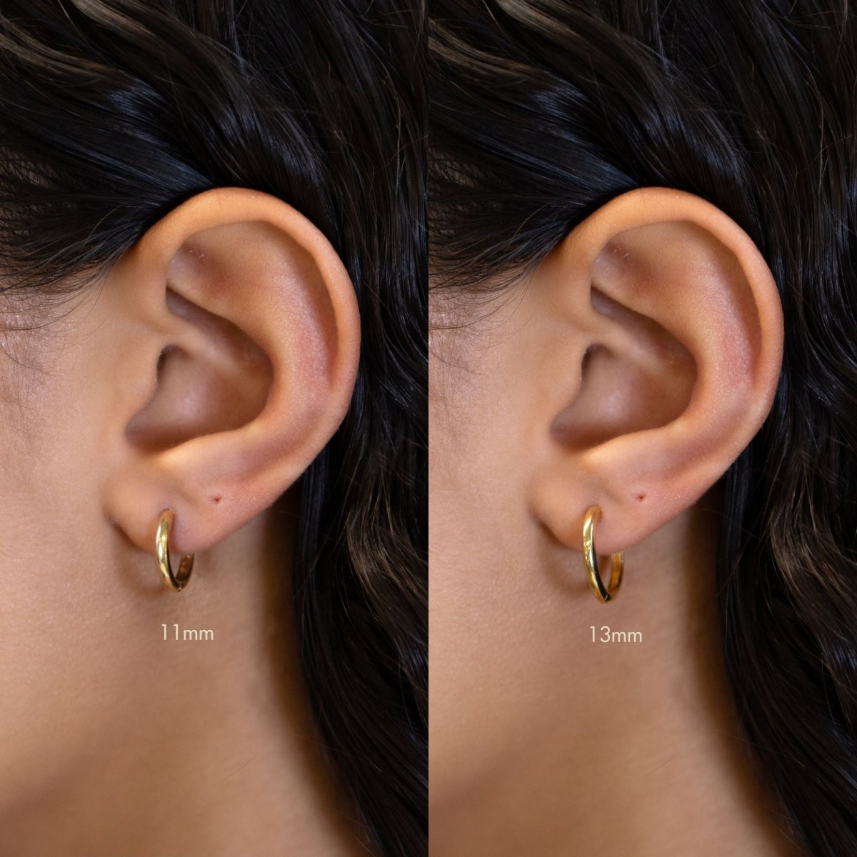 Gold vermeil mini hoops size comparison, 11mm and 13mm shown on a model's lobe
