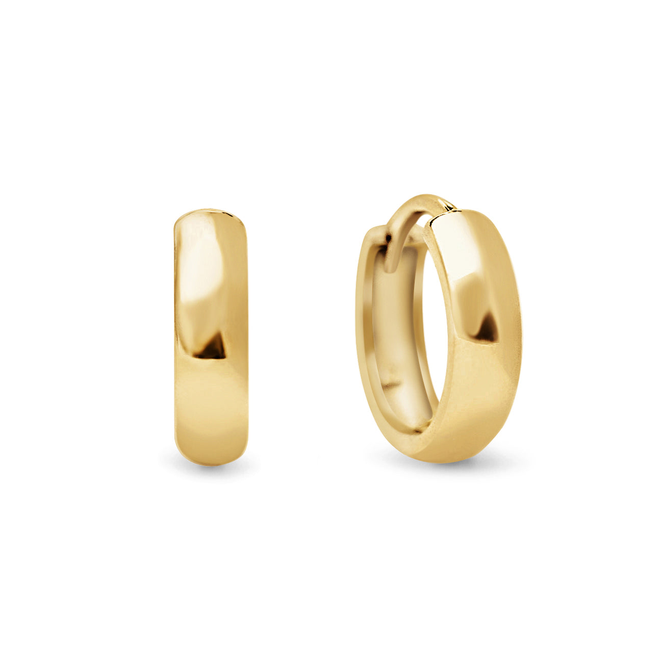 Gold vermeil thick huggie hoop earrings with a hinged closure, on a white background