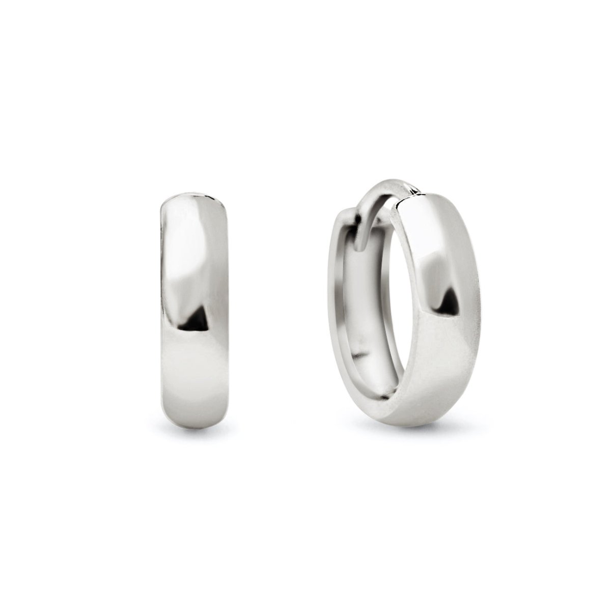14K white gold thick huggie hoop earrings with a hinged closure, on a white background