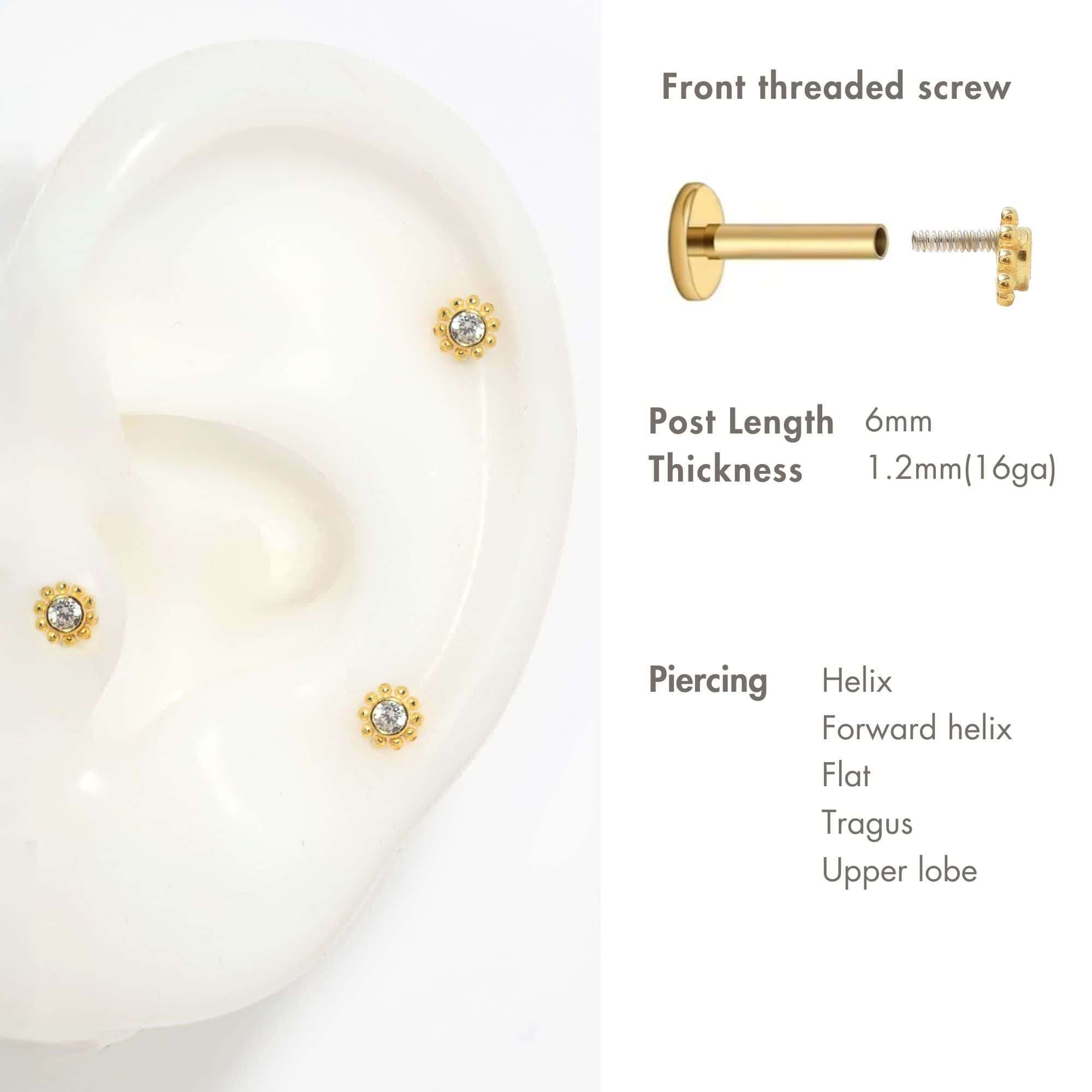 Gold beaded halo flat back stud with a clear stone, front threaded screw size guide