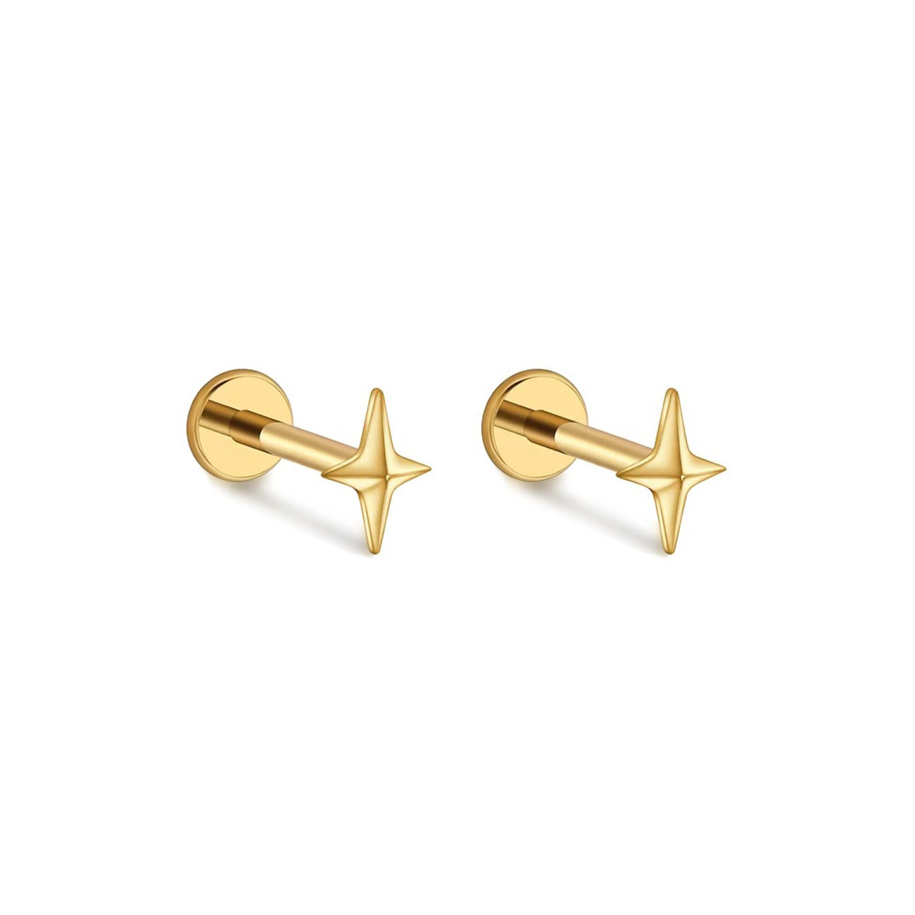 Pair of gold titanium four-point star flat back studs with threaded posts, on a white background