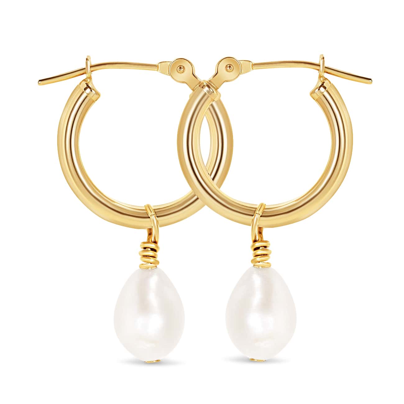 14K gold thick huggie hoops with a dangling white teardrop pearl, on a white background