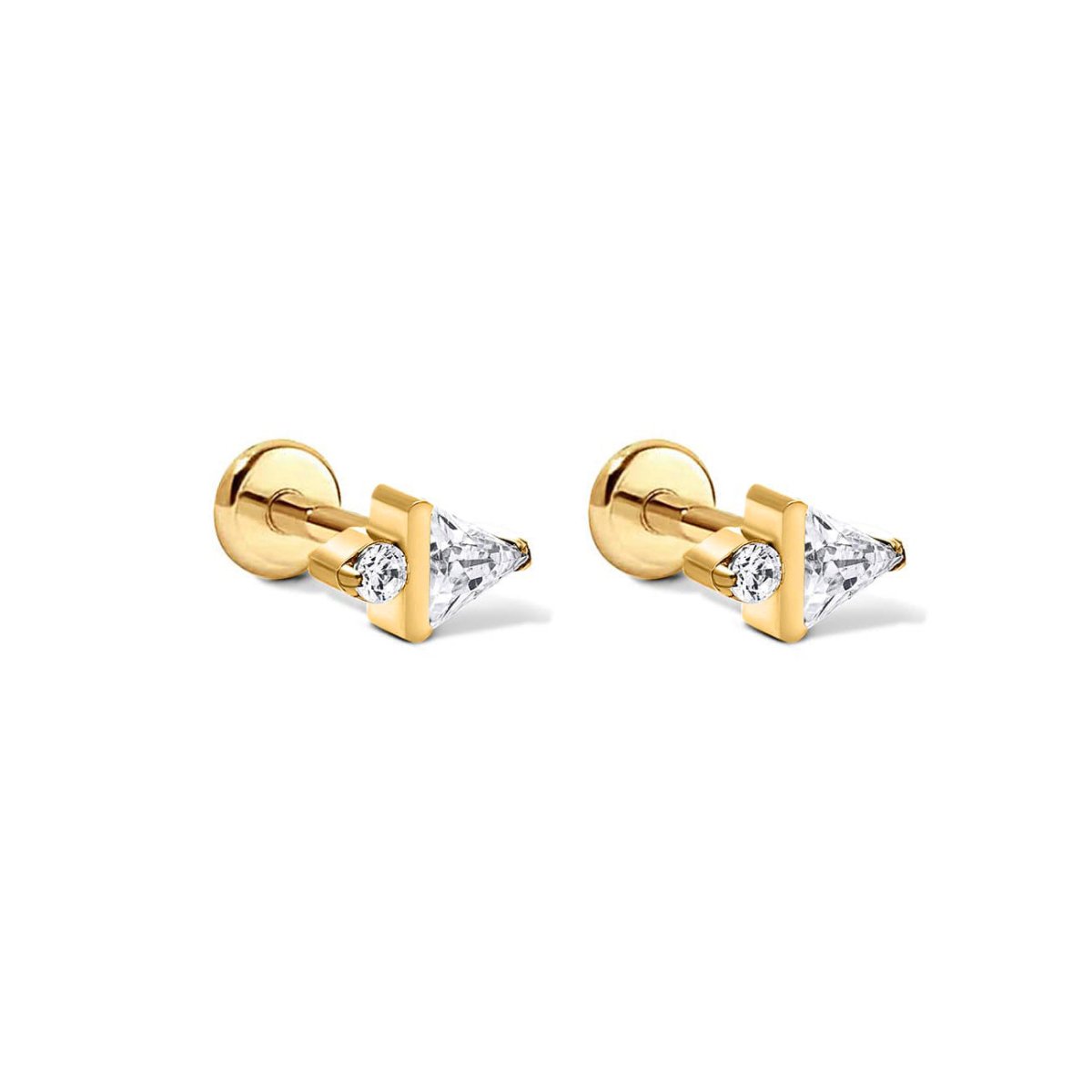 Pair of gold titanium triangle flat back studs with clear stones, on a white background