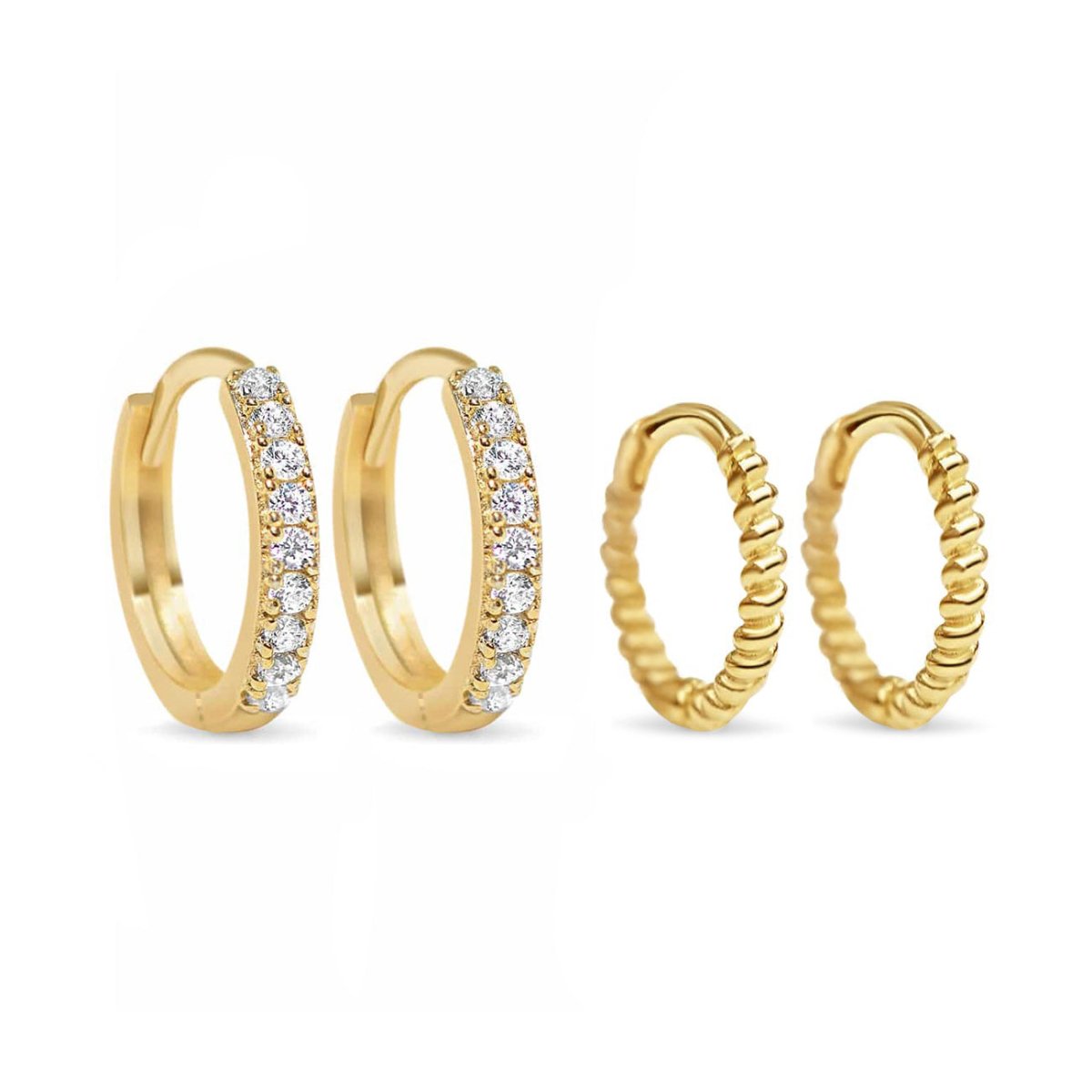 Gold vermeil huggie set, a zirconia pavé pair and a twisted rope pair, on a white background