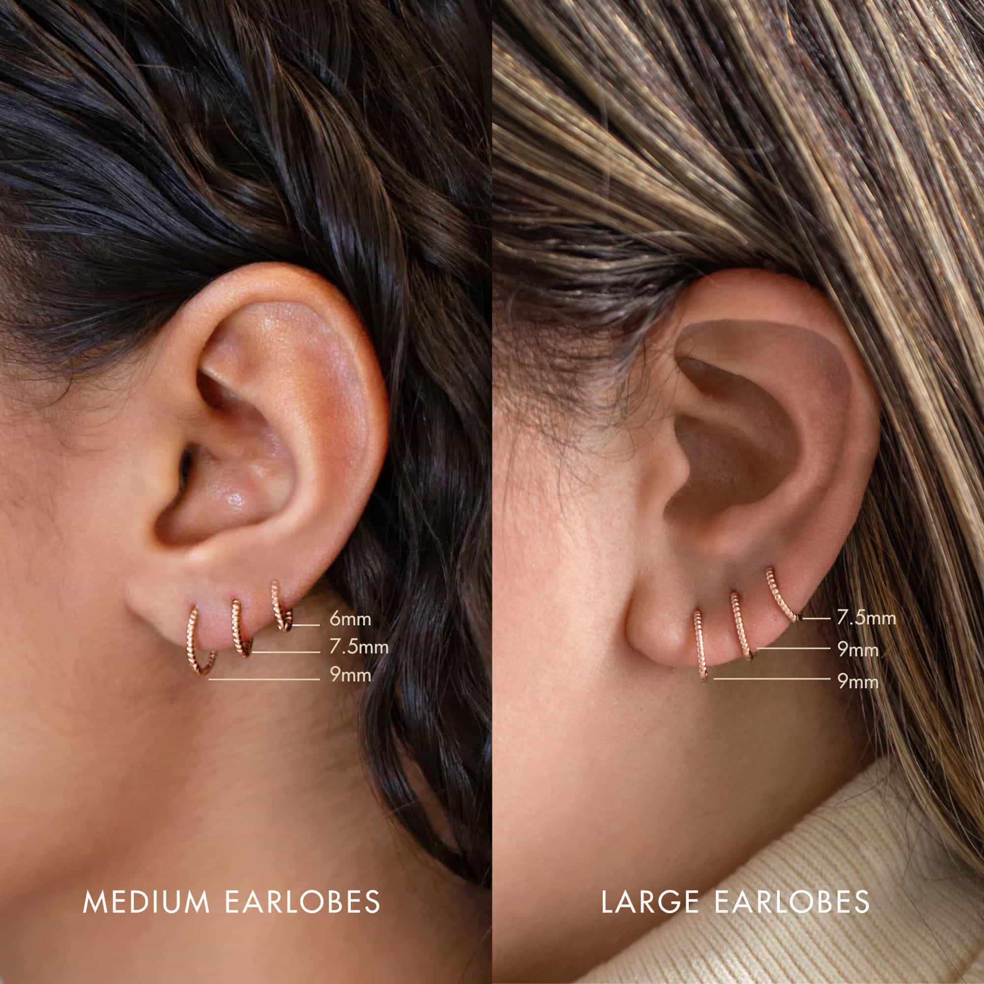 Rose gold vermeil twisted rope huggie hoop with a plain huggie, shown on a model's lobe