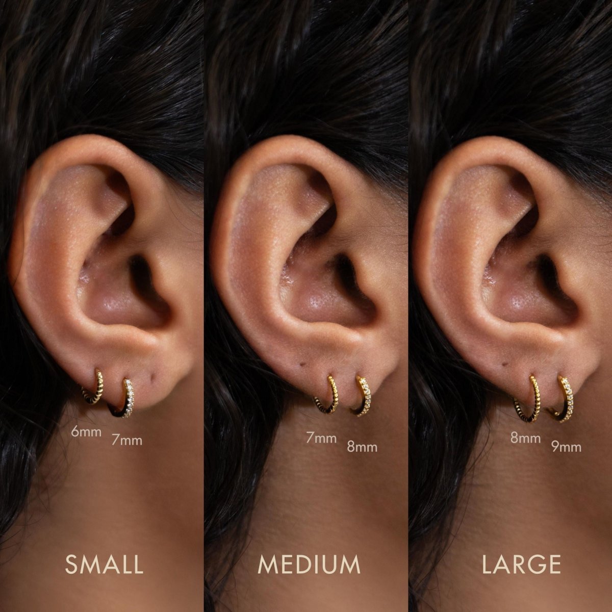 Size comparison of gold vermeil pavé and rope huggies on small, medium and large lobes, 6mm to 9mm