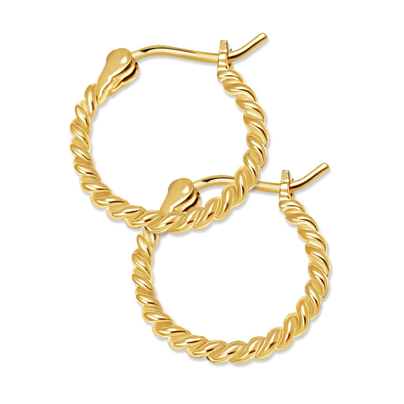 Pair of gold vermeil twisted rope hoop earrings with hinged closures, on a white background