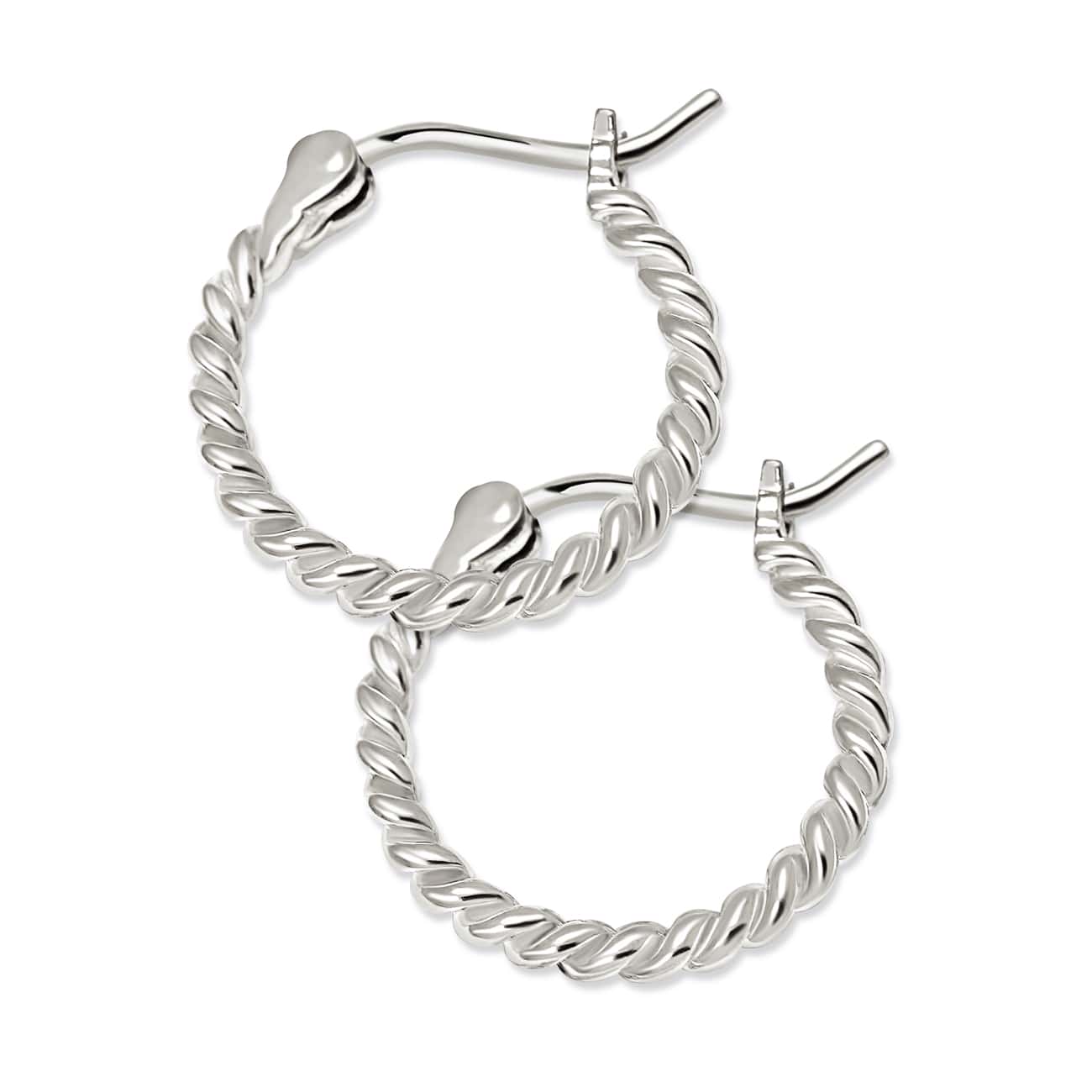 Pair of sterling silver twisted rope hoop earrings with hinged closures, on a white background