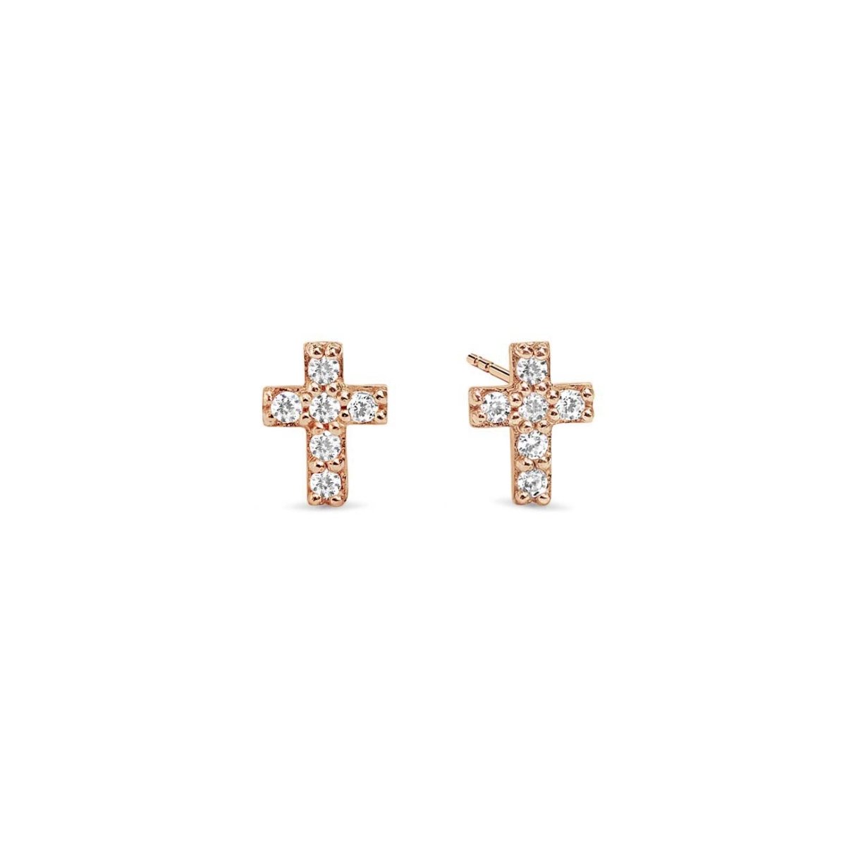 Rose gold vermeil cross stud earrings pavé-set with round zirconia, on a white background