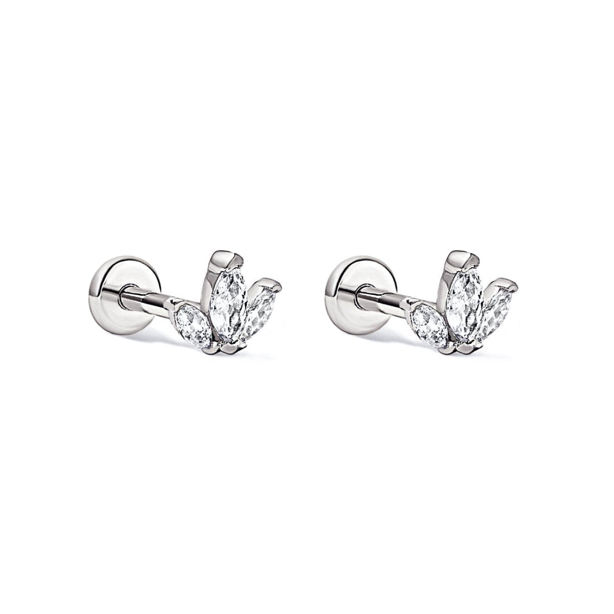 Sterling silver trio marquise flat back stud earrings, on a white background