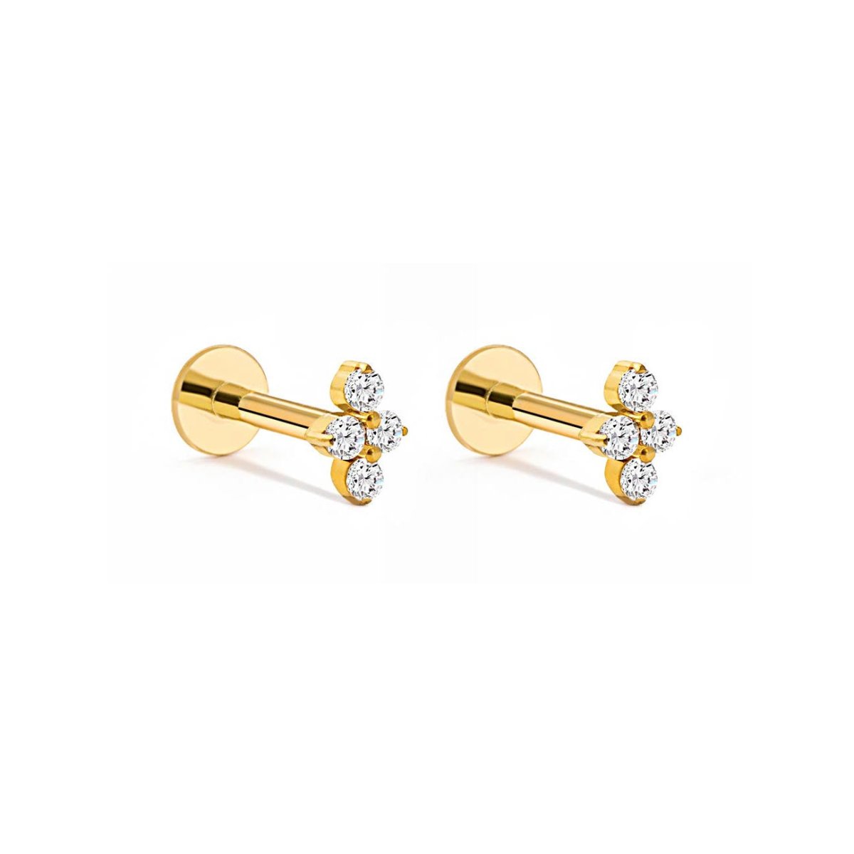 Pair of gold titanium trinity flat back studs with three clear stones, on a white background
