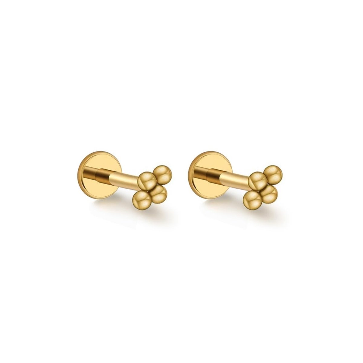 Pair of gold titanium flat back studs with quad beaded cluster tops, on a white background