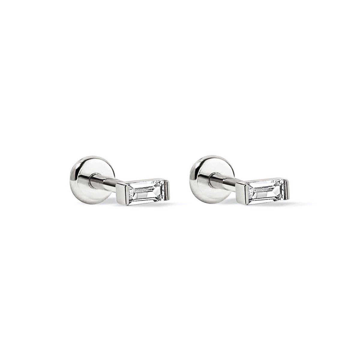 Sterling silver baguette flat back studs with clear baguette stones, shown as a pair on a white background