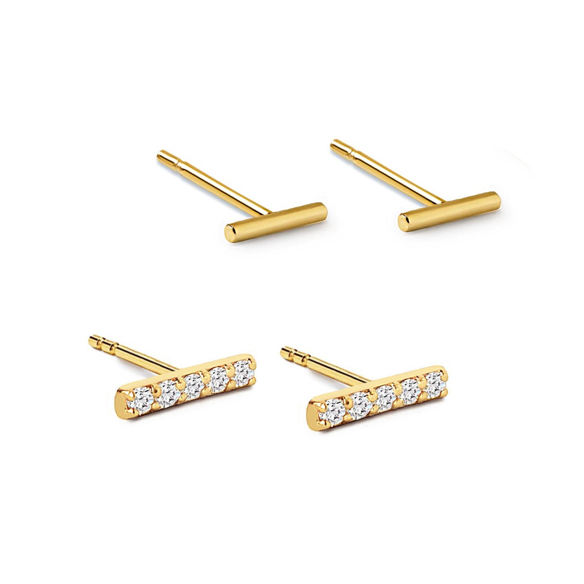 Gold vermeil plain bar studs and clear pave bar studs set, on a white background