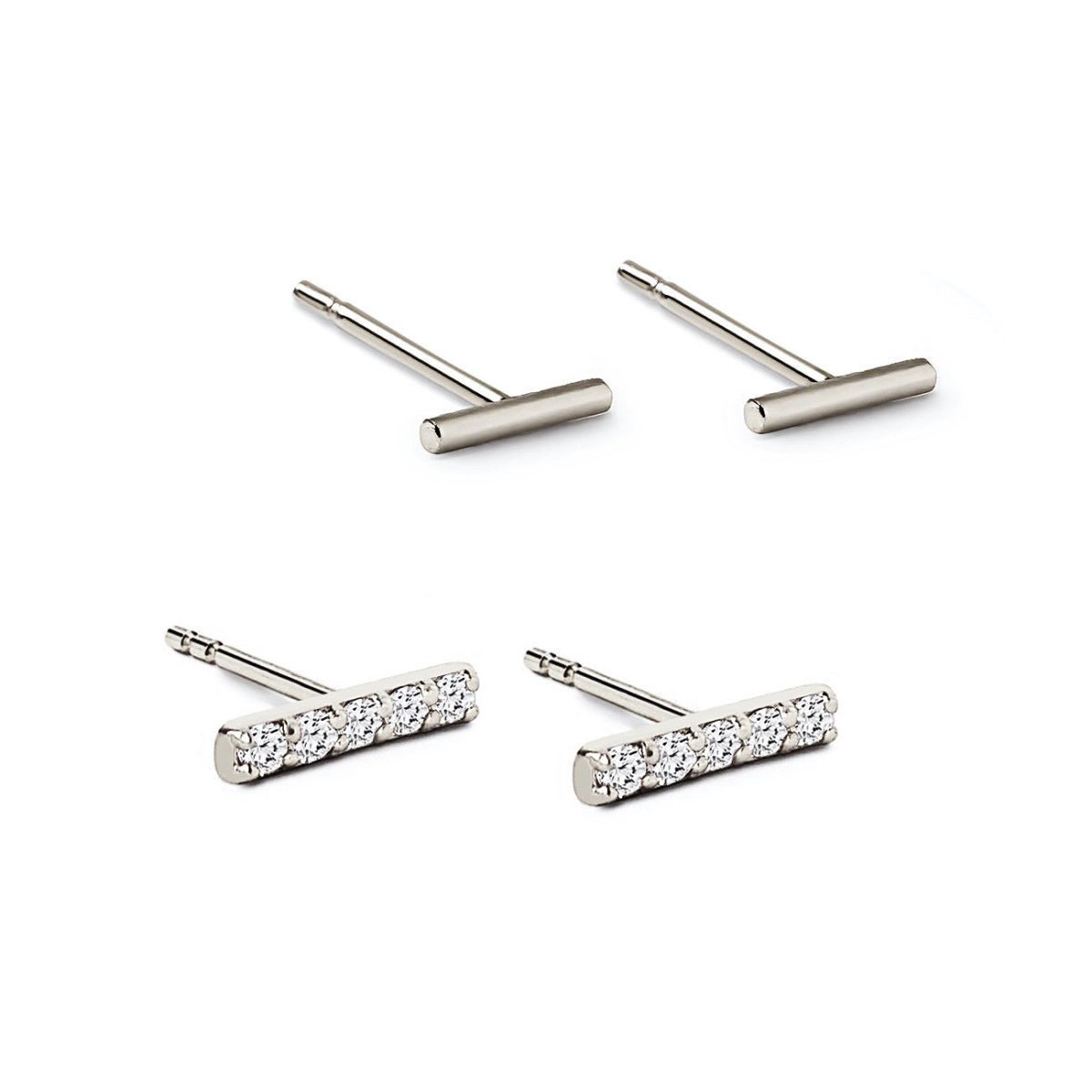 Sterling silver plain bar studs and clear pave bar studs set, on a white background