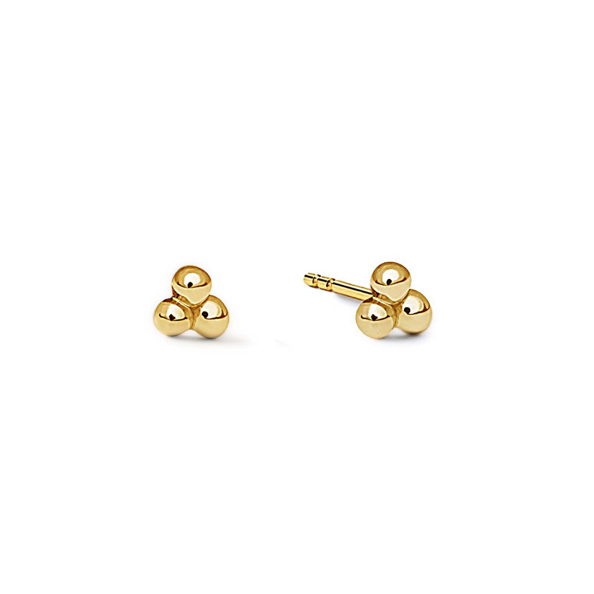 Pair of gold vermeil tiny three-ball cluster studs, front and side angle, on a white background