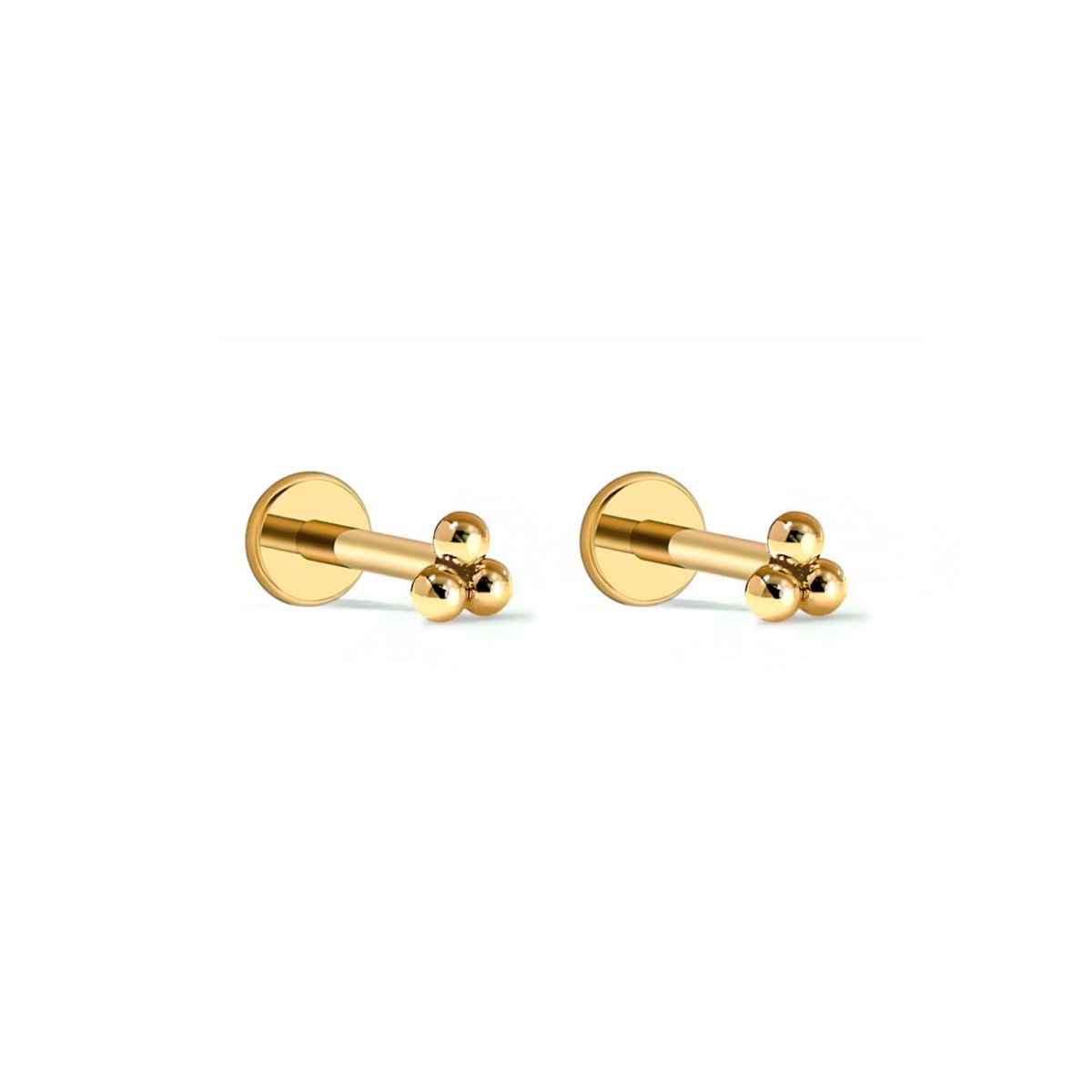 Pair of gold titanium trinity-bead flat back studs with screw posts, on a white background