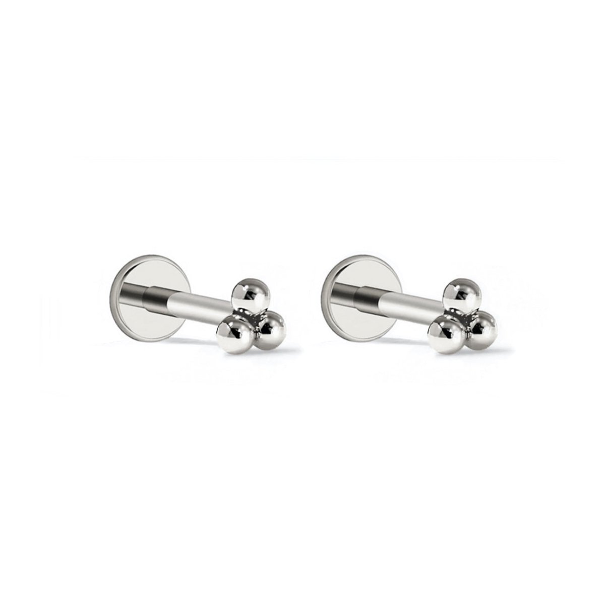 Pair of sterling silver trinity-bead flat back studs with screw posts, on a white background