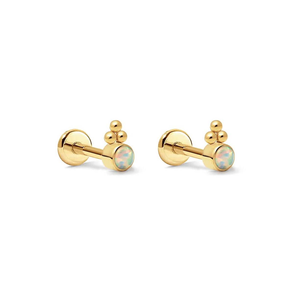 Pair of gold titanium flat back studs with light blue opals and beaded clusters, on a white background