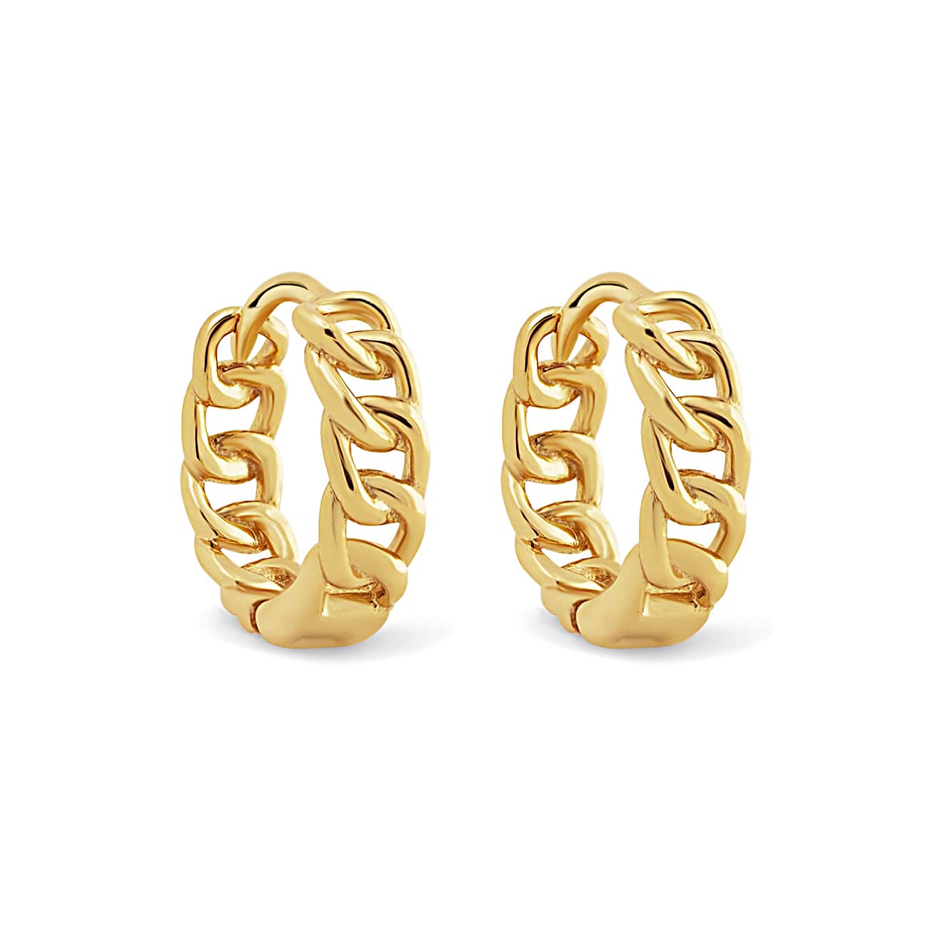 Gold vermeil curb chain link huggie hoops, shown as a pair on a white background