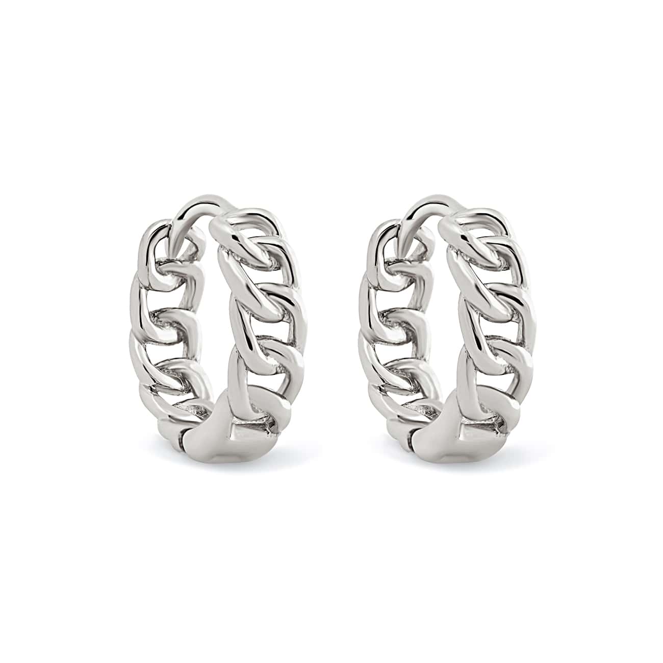Sterling silver curb chain link huggie hoops, shown as a pair on a white background